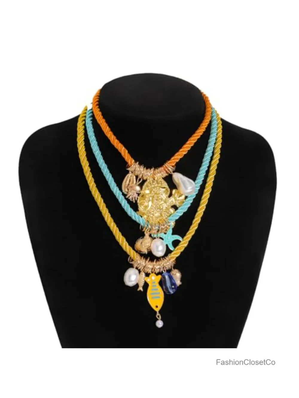 Boho Layered Pendant Rope Necklace for Women, Summer Beach 3 Tier